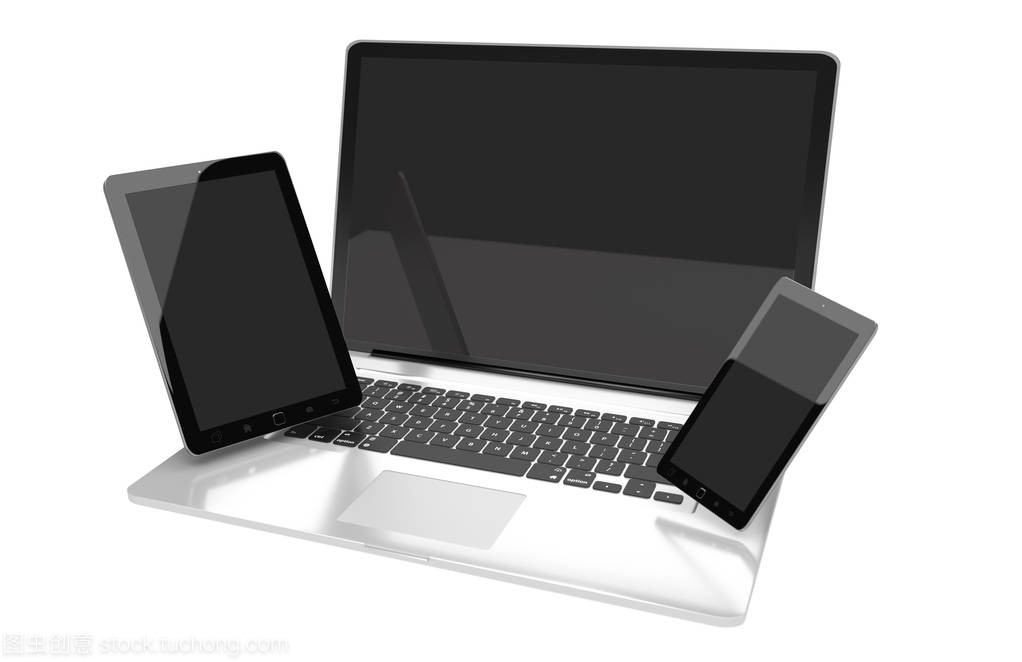 筆記本電腦、移動手機與平板電腦的互聯科技 3D渲染視角